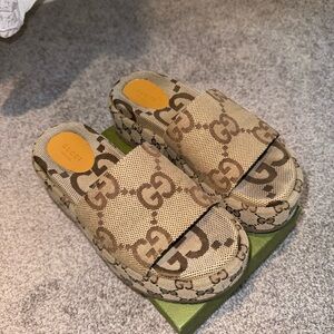 Gucci Beige GG Monogram Platform Slides